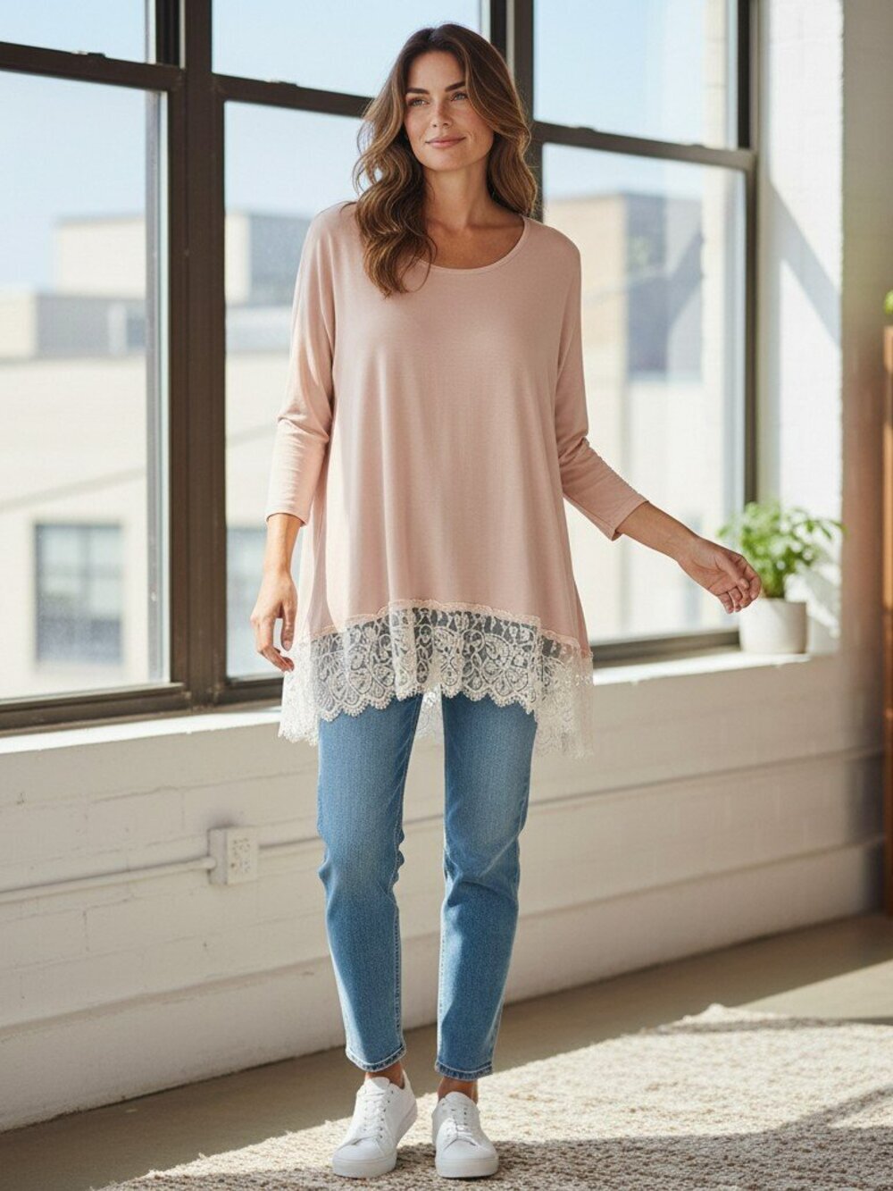 Leshop Large Blush Pink Lightweight Mix Material Lace Tunic Top Shirt Dress Sz L